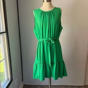 DKNY Green Sleeveless Belted Ruffle-Hem Dress